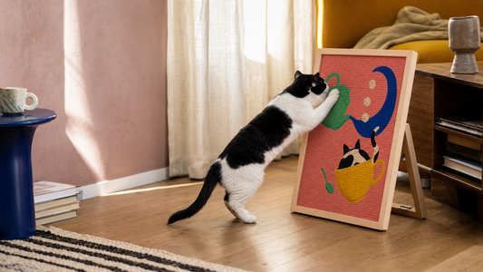 Cat using a Tea for the Moon framed cat scratcher in a colorful home interior